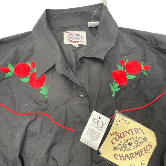 Ely Country Charmers Western Shirt XXL Women's Black Floral Roses Long Sleeve - Picture 2 of 5